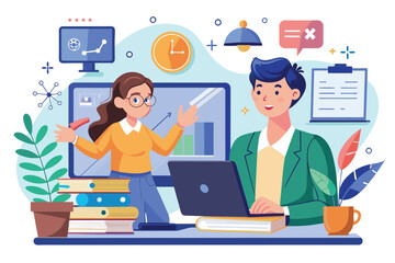 A virtual math lesson is in progress, featuring a teacher assisting a student online, Learn math online with a teacher through video calls, illustrated in a flat style.