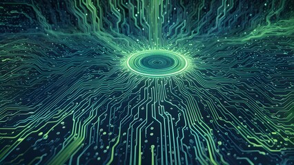 Abstract representation of digital circuits and data flow in a futuristic design.