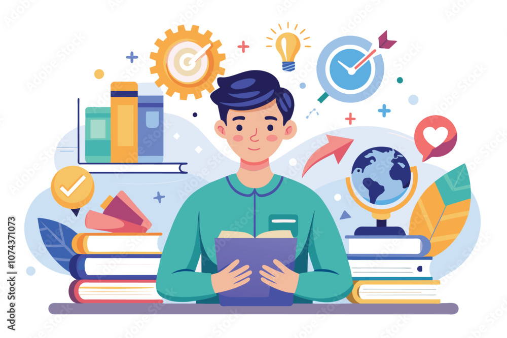 Poster a student engages with an open book surrounded by educational items, fostering quick learning, learn