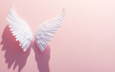 A pair of elegant white angel wings against a soft pink background, casting delicate shadows.