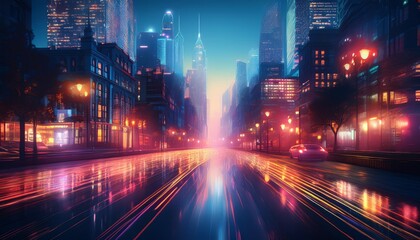 Fototapeta premium A vibrant cityscape at night, illuminated by colorful lights reflecting on wet streets in a futuristic setting.