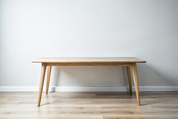 Minimalist wooden table decor accentuates elegant home interiors with its modern design, simple aesthetic, clean lines, and beautiful natural wood texture against a white wall.