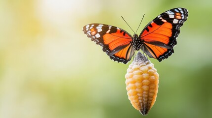 Obraz premium A vibrant butterfly emerges from its cocoon, showcasing nature's beauty and transformation against a soft green background.
