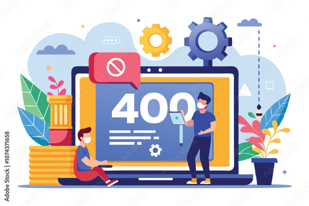 Poster two individuals troubleshoot a 400 error on a laptop screen surrounded by tools and support elements