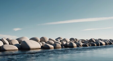 Fototapeta premium Smooth River Rocks With Flowing Water Under a Blue Sky.