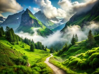 Naklejka premium Misty Mountain Hiking Trail Through Lush Green Valleys and Foggy Slopes