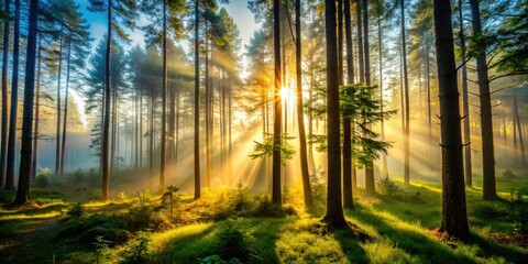 Obraz premium Misty Morning Forest Silhouette with Sunlight Filtering Through Trees