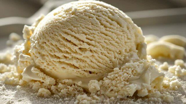 A scoop of vanilla ice cream melts on a plate, surrounded by crumbs