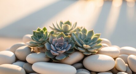 Fototapeta premium Succulents on White Stones in Golden Sunlight.