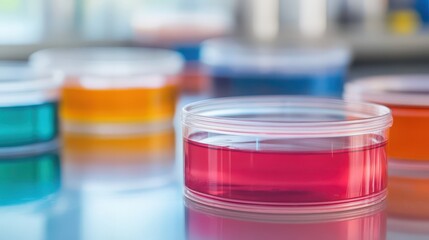 Colorful petri dishes filled with vibrant liquids in a laboratory setting, showcasing scientific experimentation.