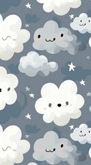 Cute clouds with faces and stars on a blue background.