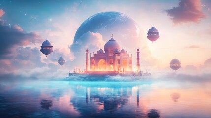 A mystical palace floating in the clouds under a colorful sky.