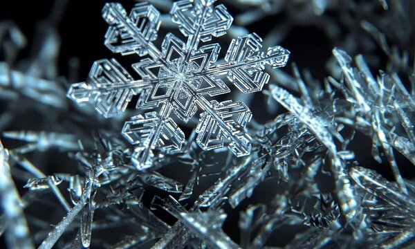 A close-up of a snowflake showcasing its intricate crystalline structure.