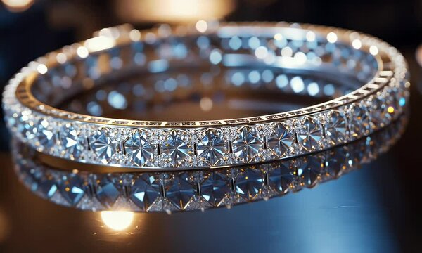 A close-up of a sparkling diamond bracelet reflecting light elegantly.