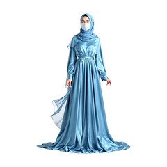 Naklejka premium A mannequin wearing a blue dress with a veil on it isolated on transparent background, PNG file, Satin silk dress