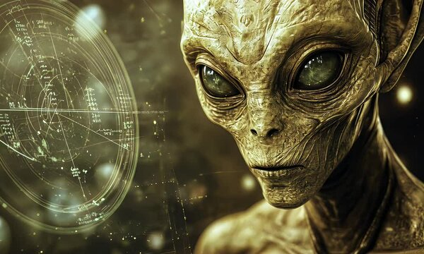 A close-up of an alien figure with a cosmic background and scientific diagrams.
