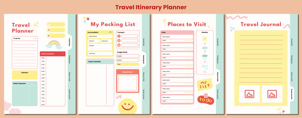 Playful planner pages templates. Organizer page, diary and daily control book. traver planner and itinerary organizers or office schedule list. Graphic organization paper vector set