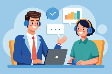 A male representative is communicating with a client via video call, providing support and assistance, Male customer service representative communicating with consultant in a flat illustration.