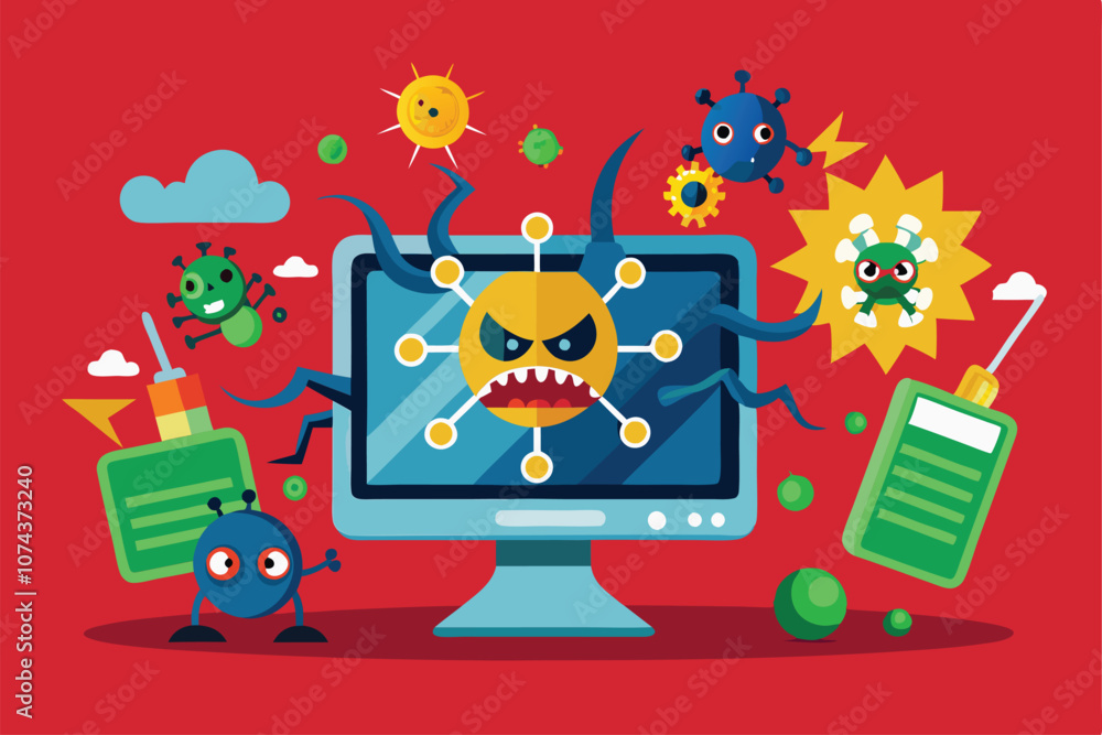 Poster a digital artwork depicts a computer under attack by a menacing virus alongside various harmful micr