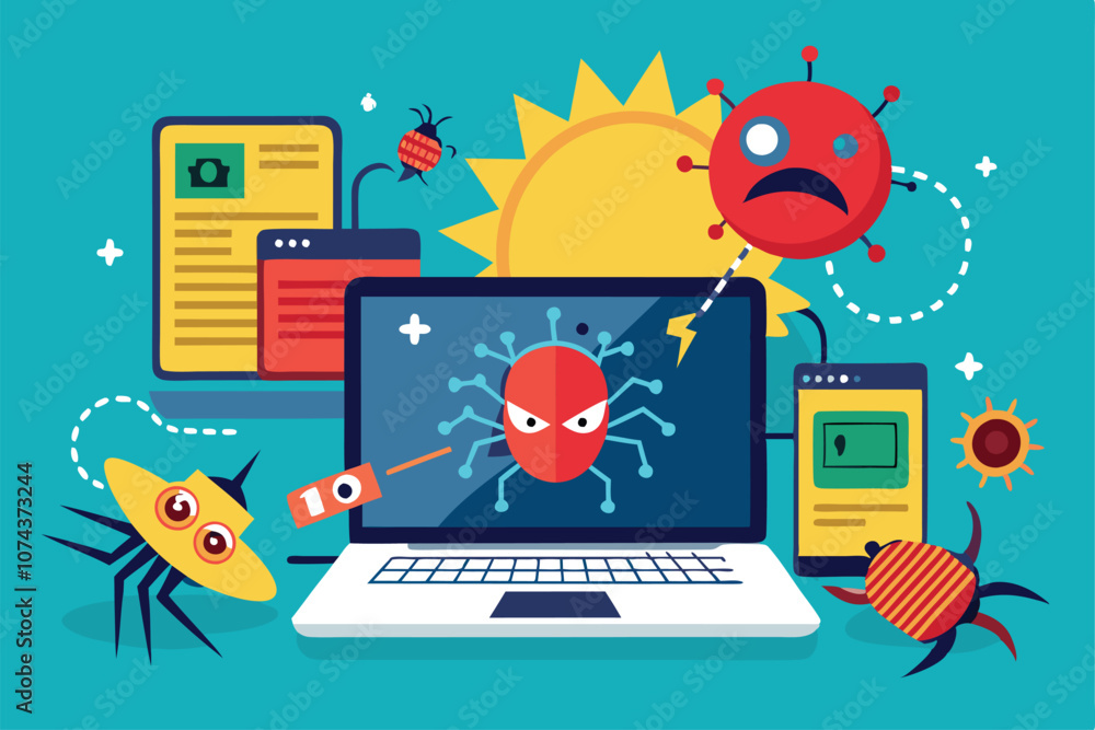 Poster a computer is under attack by various animated malware viruses with vibrant graphics and icons, malw