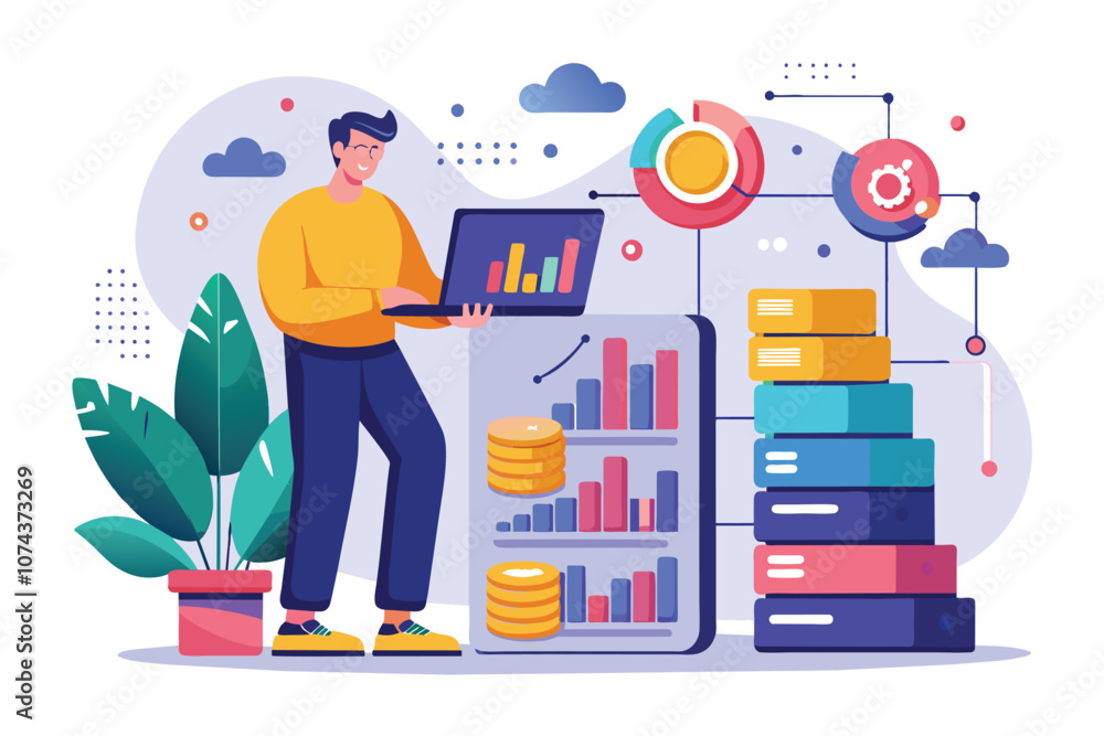 Poster a man is analyzing data storage concepts displayed on a laptop in a bright office environment, man a