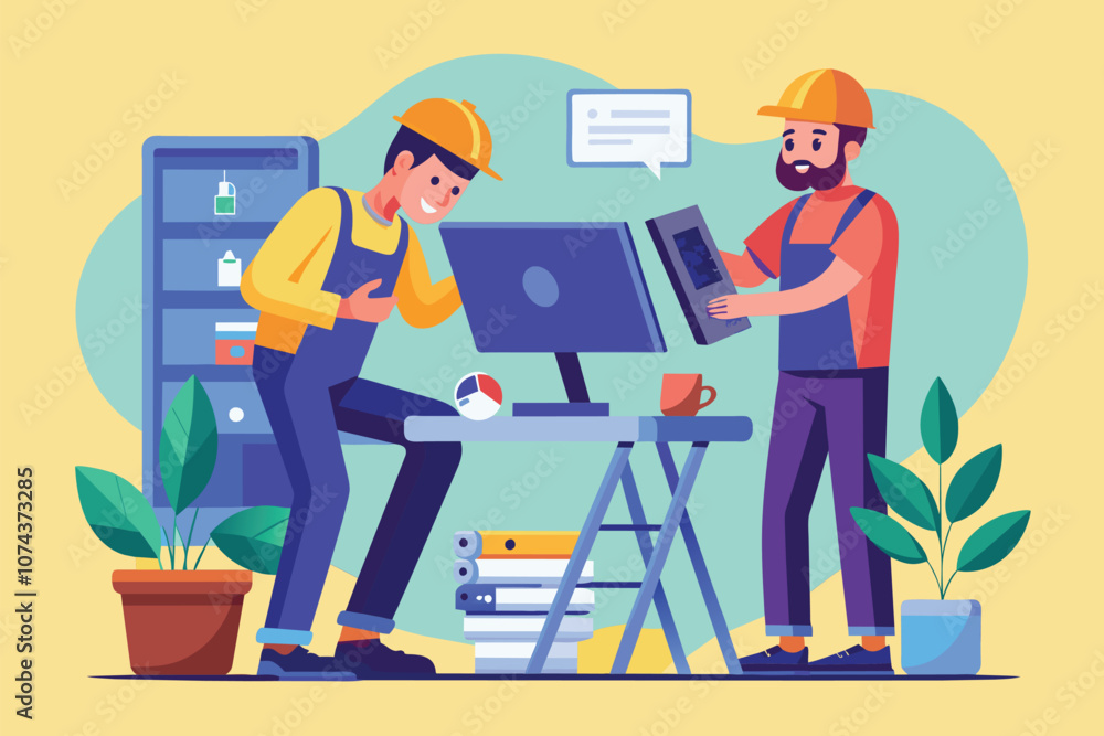 Poster a handyman assists another man in resolving a computer error in a cozy flat filled with plants, man 