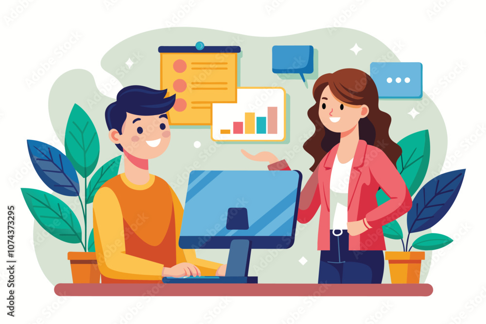 Poster a man and woman engage in a discussion while looking at a computer screen displaying graphs in an of
