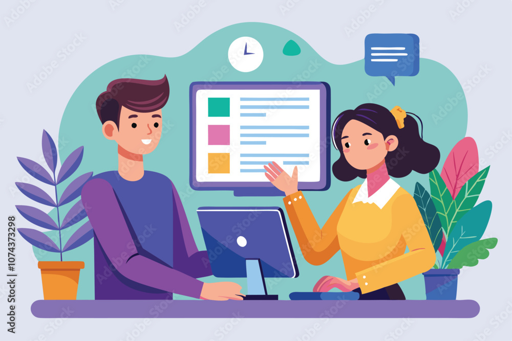 Poster a man and woman are discussing work while looking at a computer screen in a colorful office setting,
