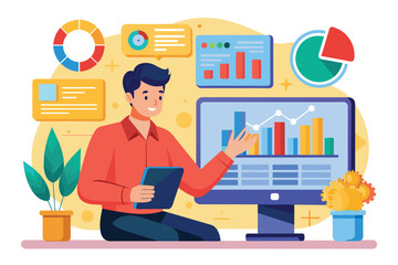 A man sits on the floor, using a tablet while examining colorful charts on a computer screen, Man analyzing company data on a screen, flat illustration.