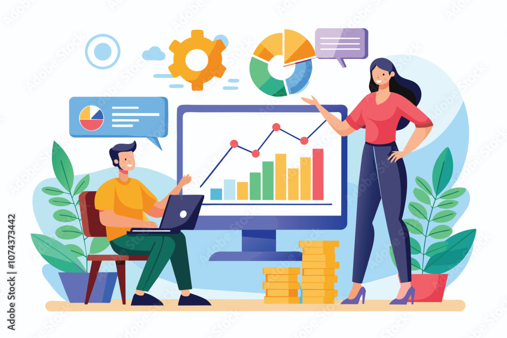 Poster a man and woman discuss company growth data using charts and graphs on a large screen in a workspace