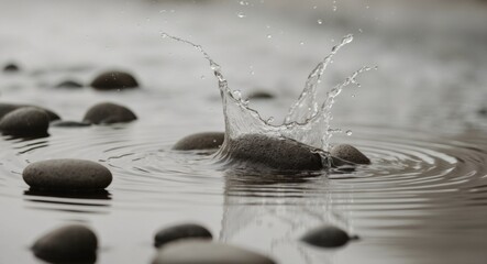 Obraz premium Water Splashing over Smooth River Stones.