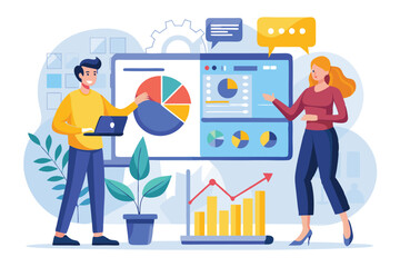 A man and woman are analyzing trends together in an office, presenting data on a large screen, Man and woman presenting with data analyst trend, flat illustration.