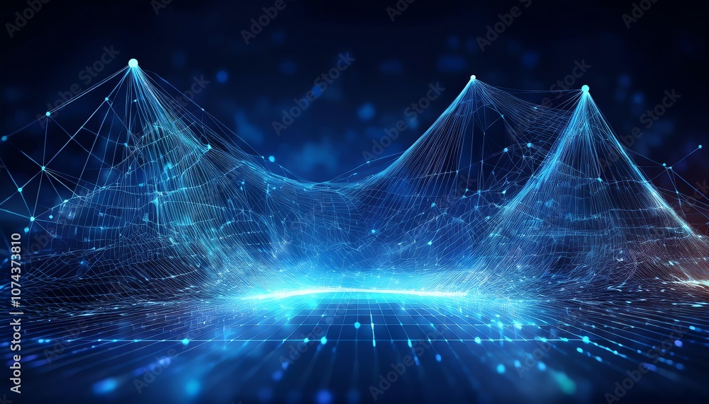 Poster a digital landscape featuring interconnected waves of light and data points, creating a futuristic, 