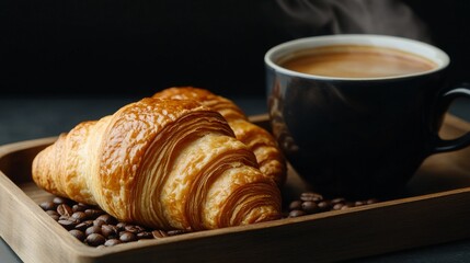 Freshly baked croissant served with a steaming cup of coffee on a wooden tray, perfect for breakfast or brunch.