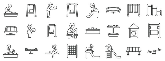 Children play playground icons set. Children enjoying various playground activities like swinging, sliding, and playing on seesaws, promoting outdoor fun and physical activity