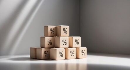 Fototapeta premium Wooden cubes with percentage symbol over grey background.
