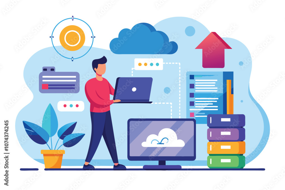 Poster a man uses a laptop to back up data to the cloud while surrounded by a vibrant workspace filled with