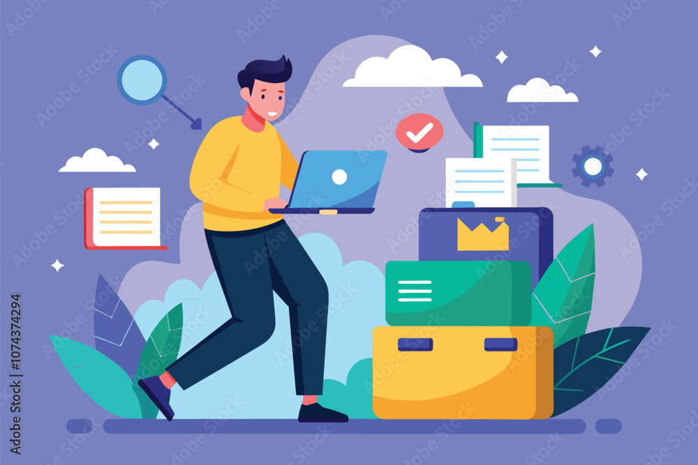 Poster a man engages in uploading files while handling digital organization tasks in a workspace, man backi