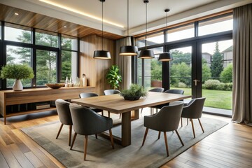 Modern Elegance in Dining Room Featuring Wooden Table and Sleek Black Chairs