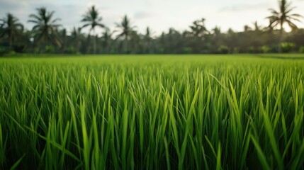 Obraz premium Lush green rice field under a serene sky, surrounded by palm trees, showcasing the beauty of nature and agriculture.
