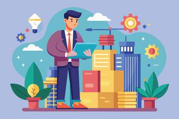 A businessman stands confidently with a tablet, planning a project amid urban buildings and plants, Man building company, flat illustration.