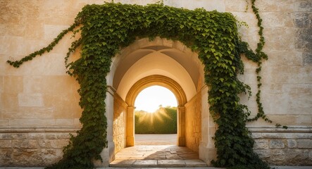 Obraz premium Arched Stone Entranceway with Ivy and Sunlight Shadows.