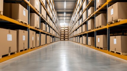 Fototapeta premium A long aisle in a warehouse filled with stacked cardboard boxes on shelves