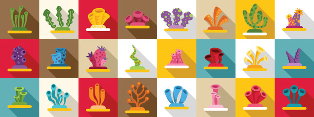 Sponge seaweed plant icons set. Vibrant collection of coral reef illustrations showcasing diverse marine life forms, ideal for educational or nature themed projects © anatolir