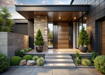 Obraz premium Modern House Entrance with Wood Siding, Black Door, and Stone Patio - Stylish Architecture and Design Inspiration