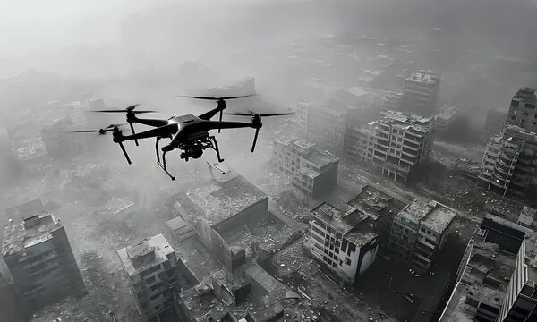 A drone surveys a devastated urban landscape shrouded in fog and debris.