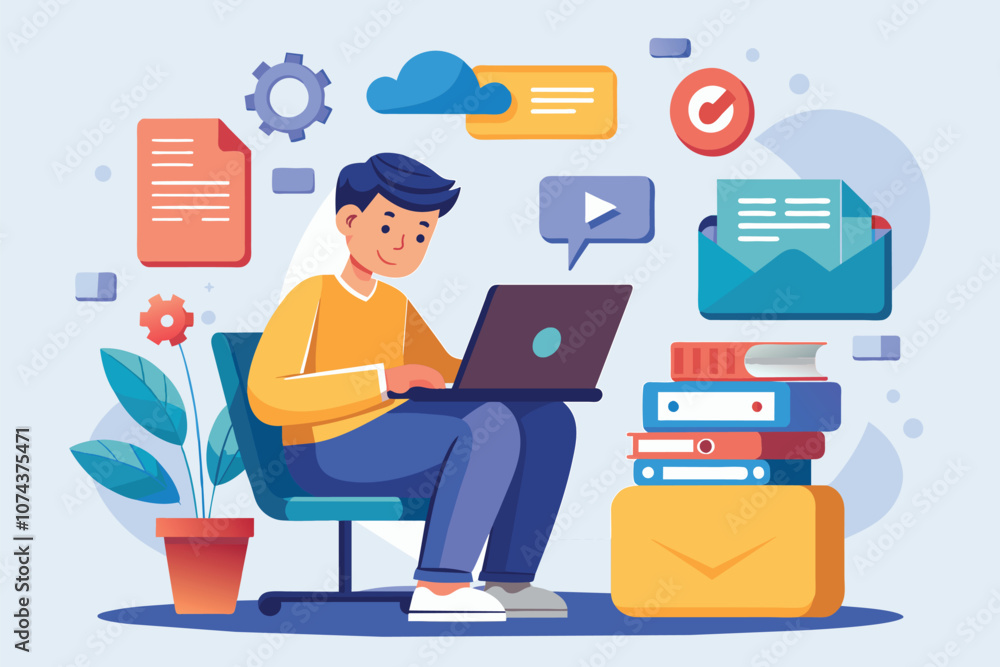 Poster a man focuses on downloading files and installing software on his laptop in a comfortable workspace,