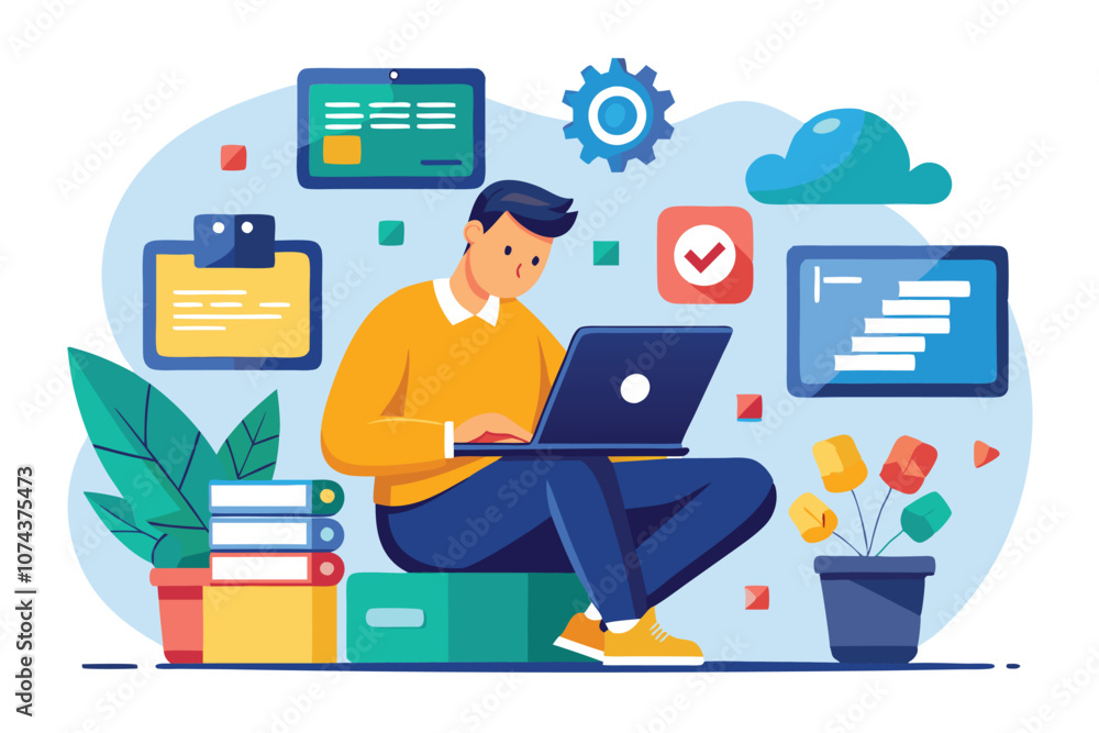 Poster a man is engaged in downloading files and installing software on his laptop in a home workspace setu