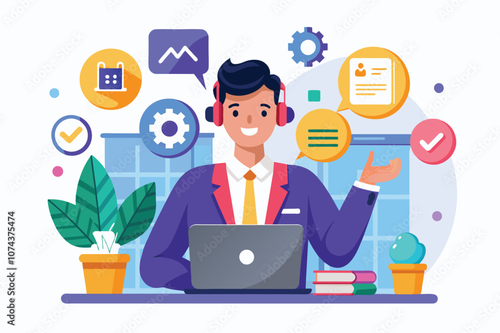 Aufkleber a man in a suit explains customer service management while surrounded by various visual aids, man ex