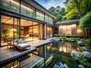 Obraz premium Modern Japanese House with Glass Walls and Spacious Patio Surrounded by Nature